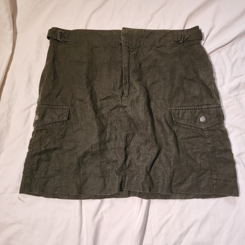 Athleta Voyager Skirt Women's 12 Jasper Green 100% Linen Essential Cargo Pocket‎